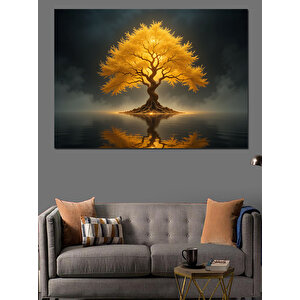 Altın Sarısı Yansımalar Ağacı Dekoratif Kanvas - Mdf Ahşap Tablo 70x100 cm