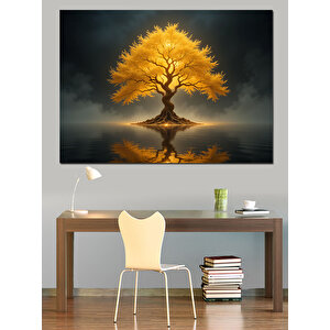 Altın Sarısı Yansımalar Ağacı Dekoratif Kanvas - Mdf Ahşap Tablo 70x100 cm
