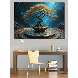 Altın Işıklı Bonsai Ağacı Dekoratif Kanvas - Mdf Ahşap Tablo 70x100 cm