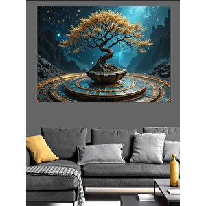 Altın Işıklı Bonsai Ağacı Dekoratif Kanvas - Mdf Ahşap Tablo 70x100 cm