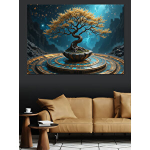 Altın Işıklı Bonsai Ağacı Dekoratif Kanvas - Mdf Ahşap Tablo 70x100 cm