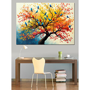Renkli Dallı Ağaç Manzarası Dekoratif Kanvas - Mdf Ahşap Tablo 100x140 cm