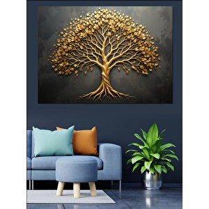 Altın Renkli Hayat Ağacı Dekoratif Kanvas - Mdf Ahşap Tablo 100x140 cm