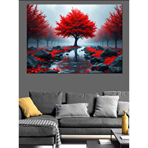 Kırmızı Ağaçlar Yansıması Dekoratif Kanvas - Mdf Ahşap Tablo 70x100 cm