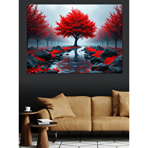 Kırmızı Ağaçlar Yansıması Dekoratif Kanvas - Mdf Ahşap Tablo 70x100 cm