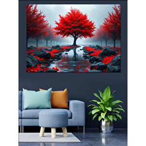Kırmızı Ağaçlar Yansıması Dekoratif Kanvas - Mdf Ahşap Tablo 70x100 cm