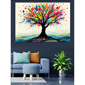 Soyut Dalları Renkli Ağaç Dekoratif Kanvas - Mdf Ahşap Tablo 35x50 cm
