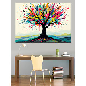 Soyut Dalları Renkli Ağaç Dekoratif Kanvas - Mdf Ahşap Tablo 35x50 cm