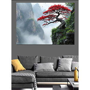 Sisler İçinde Kırmızı Ağaç Dekoratif Kanvas - Mdf Ahşap Tablo 35x50 cm