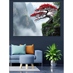 Sisler İçinde Kırmızı Ağaç Dekoratif Kanvas - Mdf Ahşap Tablo 35x50 cm