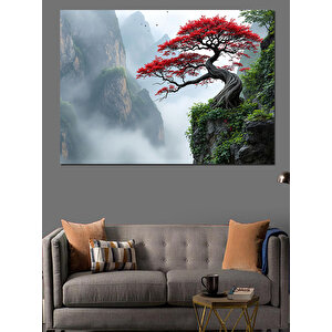 Sisler İçinde Kırmızı Ağaç Dekoratif Kanvas - Mdf Ahşap Tablo