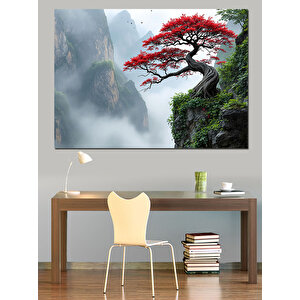 Sisler İçinde Kırmızı Ağaç Dekoratif Kanvas - Mdf Ahşap Tablo