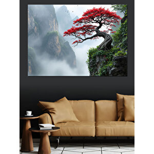 Sisler İçinde Kırmızı Ağaç Dekoratif Kanvas - Mdf Ahşap Tablo 100x140 cm