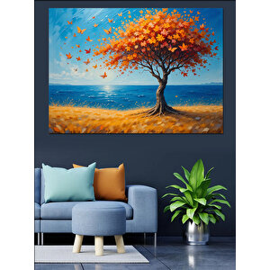 Turuncu Ağaç Deniz Manzarası Dekoratif Kanvas - Mdf Ahşap Tablo