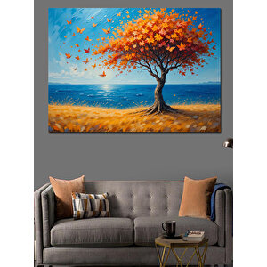 Turuncu Ağaç Deniz Manzarası Dekoratif Kanvas - Mdf Ahşap Tablo