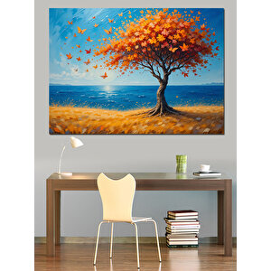 Turuncu Ağaç Deniz Manzarası Dekoratif Kanvas - Mdf Ahşap Tablo 25x35 cm