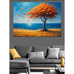 Turuncu Ağaç Deniz Manzarası Dekoratif Kanvas - Mdf Ahşap Tablo 25x35 cm