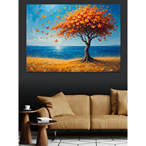 Turuncu Ağaç Deniz Manzarası Dekoratif Kanvas - Mdf Ahşap Tablo 25x35 cm