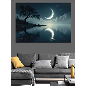 Ay Işığında Yalnız Ağaç Dekoratif Kanvas - Mdf Ahşap Tablo