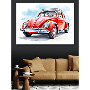 Kırmızı Retro Vosvos Dekoratif Kanvas - Mdf Ahşap Tablo