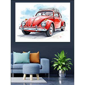 Kırmızı Retro Vosvos Dekoratif Kanvas - Mdf Ahşap Tablo