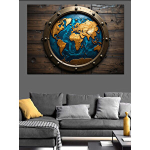Dünya Haritası Ahşap Çerçeve Dekoratif Kanvas - Mdf Ahşap Tablo 50x70 cm