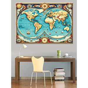 Eski Dünya Haritası Dekoratif Kanvas - Mdf Ahşap Tablo 100x140 cm