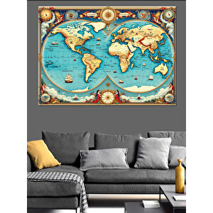 Eski Dünya Haritası Dekoratif Kanvas - Mdf Ahşap Tablo 100x140 cm