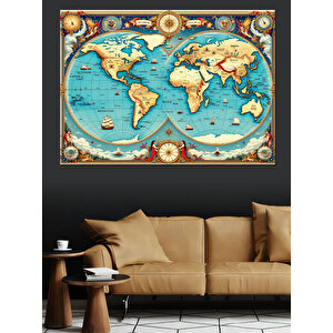 Eski Dünya Haritası Dekoratif Kanvas - Mdf Ahşap Tablo 100x140 cm