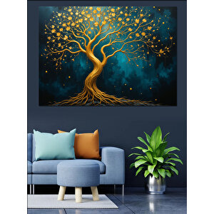 Altın Parlayan Hayat Ağacı Dekoratif Kanvas - Mdf Ahşap Tablo 70x100 cm