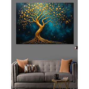 Altın Parlayan Hayat Ağacı Dekoratif Kanvas - Mdf Ahşap Tablo 70x100 cm