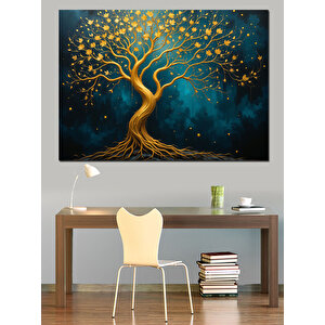 Altın Parlayan Hayat Ağacı Dekoratif Kanvas - Mdf Ahşap Tablo 70x100 cm