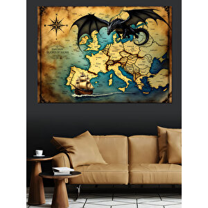 Ortaçağ Haritasında Ejderha Figürü Dekoratif Kanvas - Mdf Ahşap Tablo 100x140 cm