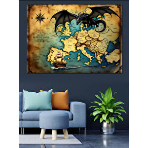 Ortaçağ Haritasında Ejderha Figürü Dekoratif Kanvas - Mdf Ahşap Tablo 100x140 cm