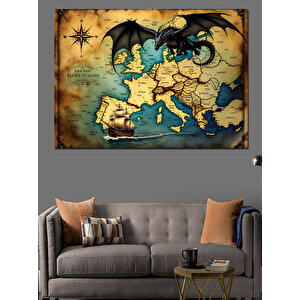 Ortaçağ Haritasında Ejderha Figürü Dekoratif Kanvas - Mdf Ahşap Tablo 100x140 cm