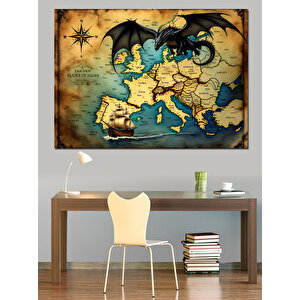 Ortaçağ Haritasında Ejderha Figürü Dekoratif Kanvas - Mdf Ahşap Tablo
