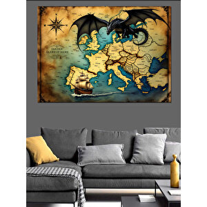 Ortaçağ Haritasında Ejderha Figürü Dekoratif Kanvas - Mdf Ahşap Tablo