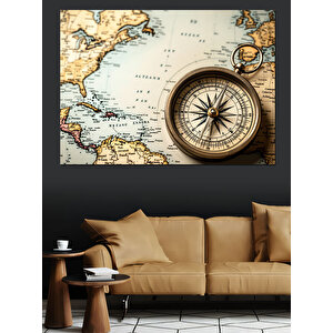 Eski Dünya Haritası Ve Pusula Dekoratif Kanvas - Mdf Ahşap Tablo 100x140 cm