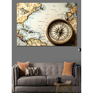 Eski Dünya Haritası Ve Pusula Dekoratif Kanvas - Mdf Ahşap Tablo 100x140 cm