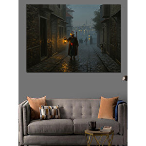 Gece Lambasıyla Sisli Sokak Dekoratif Kanvas - Mdf Ahşap Tablo 100x140 cm