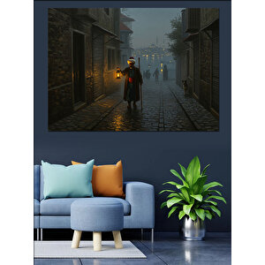Gece Lambasıyla Sisli Sokak Dekoratif Kanvas - Mdf Ahşap Tablo 25x35 cm