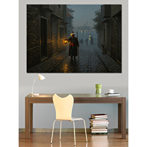 Gece Lambasıyla Sisli Sokak Dekoratif Kanvas - Mdf Ahşap Tablo 25x35 cm