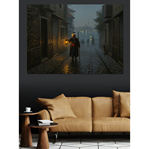 Gece Lambasıyla Sisli Sokak Dekoratif Kanvas - Mdf Ahşap Tablo