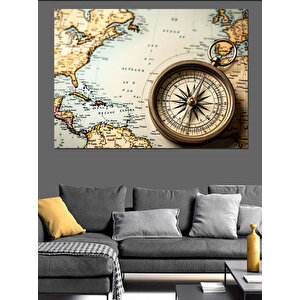 Eski Dünya Haritası Ve Pusula Dekoratif Kanvas - Mdf Ahşap Tablo