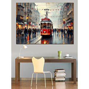 Kırmızı Tramvay Yağmurlu Sokak Dekoratif Kanvas - Mdf Ahşap Tablo 35x50 cm