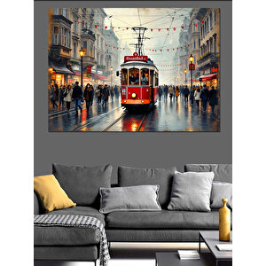 Kırmızı Tramvay Yağmurlu Sokak Dekoratif Kanvas - Mdf Ahşap Tablo 50x70 cm