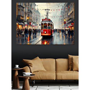 Kırmızı Tramvay Yağmurlu Sokak Dekoratif Kanvas - Mdf Ahşap Tablo 50x70 cm