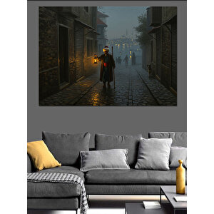 Gece Lambasıyla Sisli Sokak Dekoratif Kanvas - Mdf Ahşap Tablo