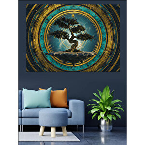 Dairesel Bonsai Ağacı Dekoratif Kanvas - Mdf Ahşap Tablo 35x50 cm