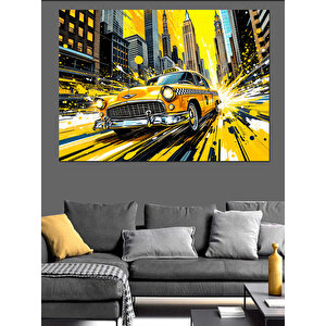Sarı Taksi Sokak Sahnesi Dekoratif Kanvas - Mdf Ahşap Tablo 35x50 cm